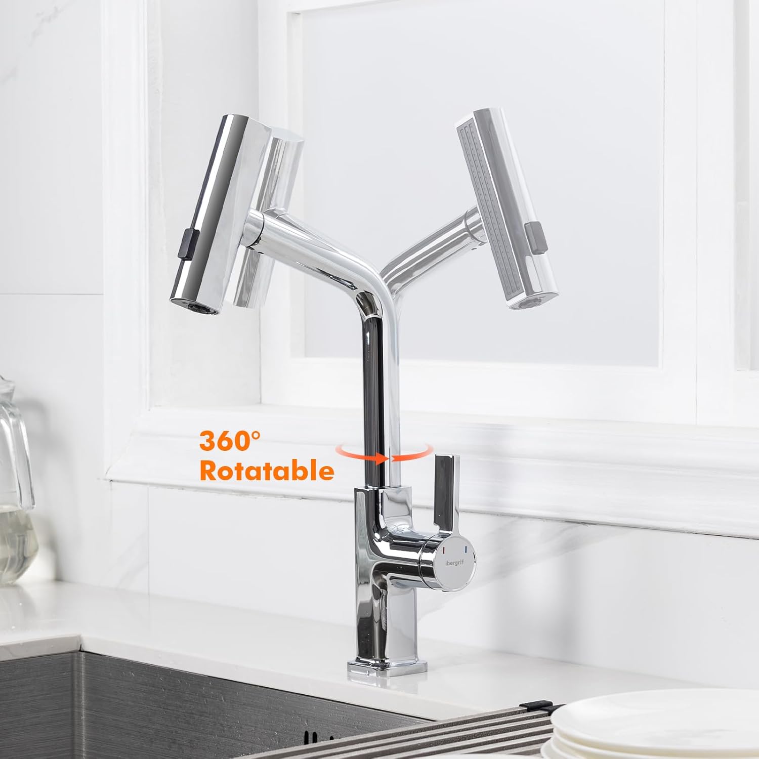 Robinet cuisine : Douchette extractible 40 cm pivotant 360° chromé, 3 modes de jet, corps laiton sans plomb et kit installation inclus