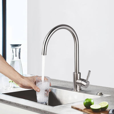 Mitigeur évier cuisine : Bec haut pivotant 360° inox gris brossé, monocommande, cartouche céramique et kit installation inclus