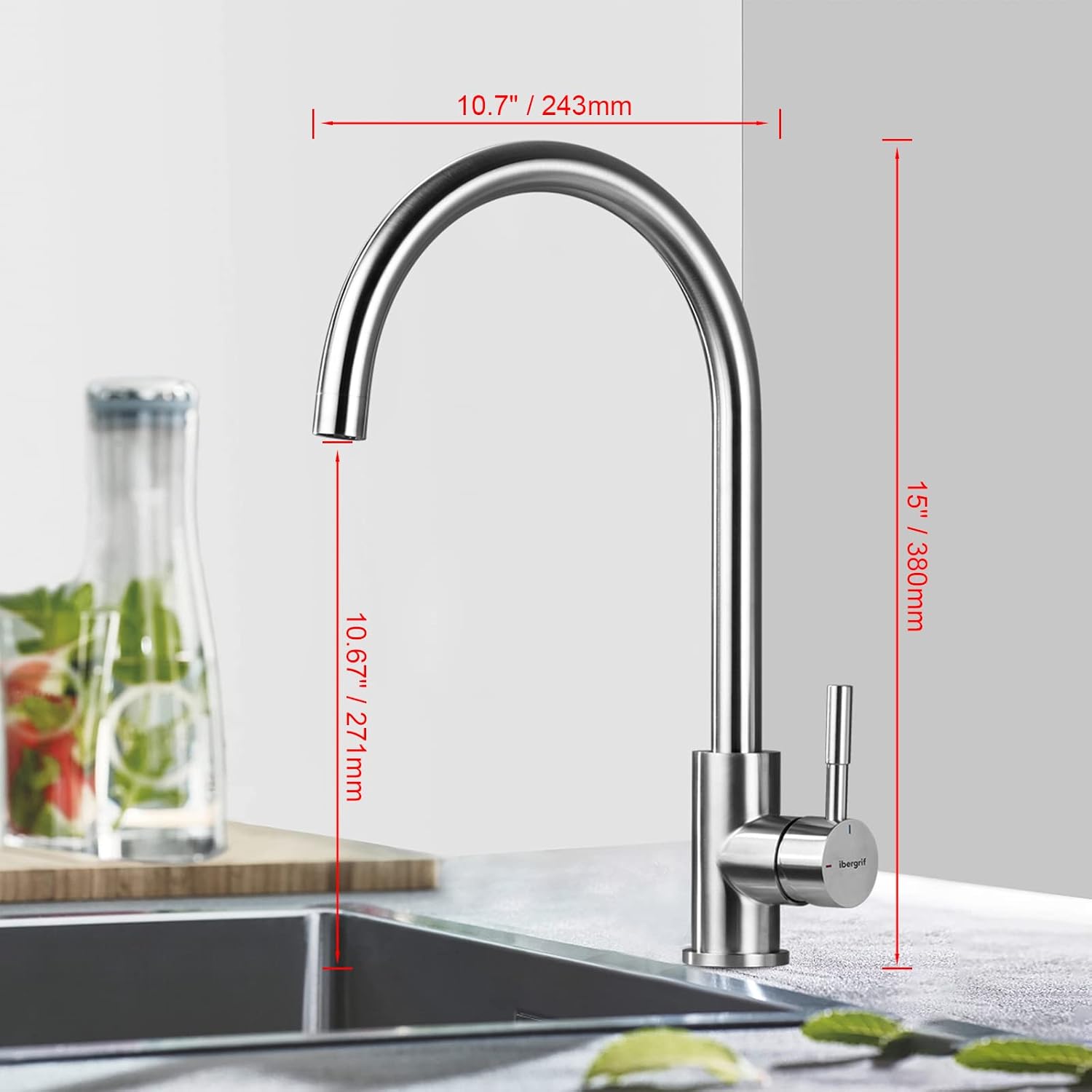 Mitigeur évier cuisine : Bec haut pivotant 360° inox gris brossé, monocommande, cartouche céramique et kit installation inclus