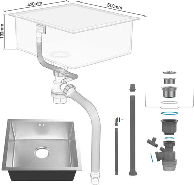 Évier cuisine : 1 bac 50x43 cm inox argent, profondeur 20 cm, encastrable ou sur plan et filtre de vidange inclus