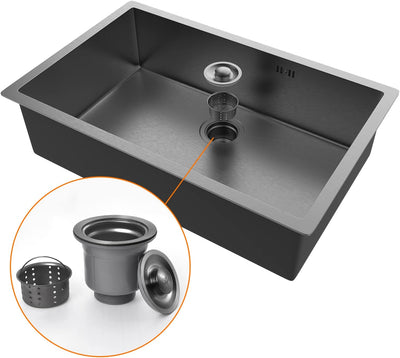 Évier cuisine : 1 bac 70x44 cm inox noir, profondeur 20 cm, encastrable ou sur plan et filtre de vidange inclus