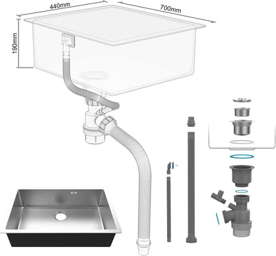 Évier cuisine : 1 bac 70x44 cm inox argent, profondeur 20 cm, encastrable ou sur plan et filtre de vidange inclus