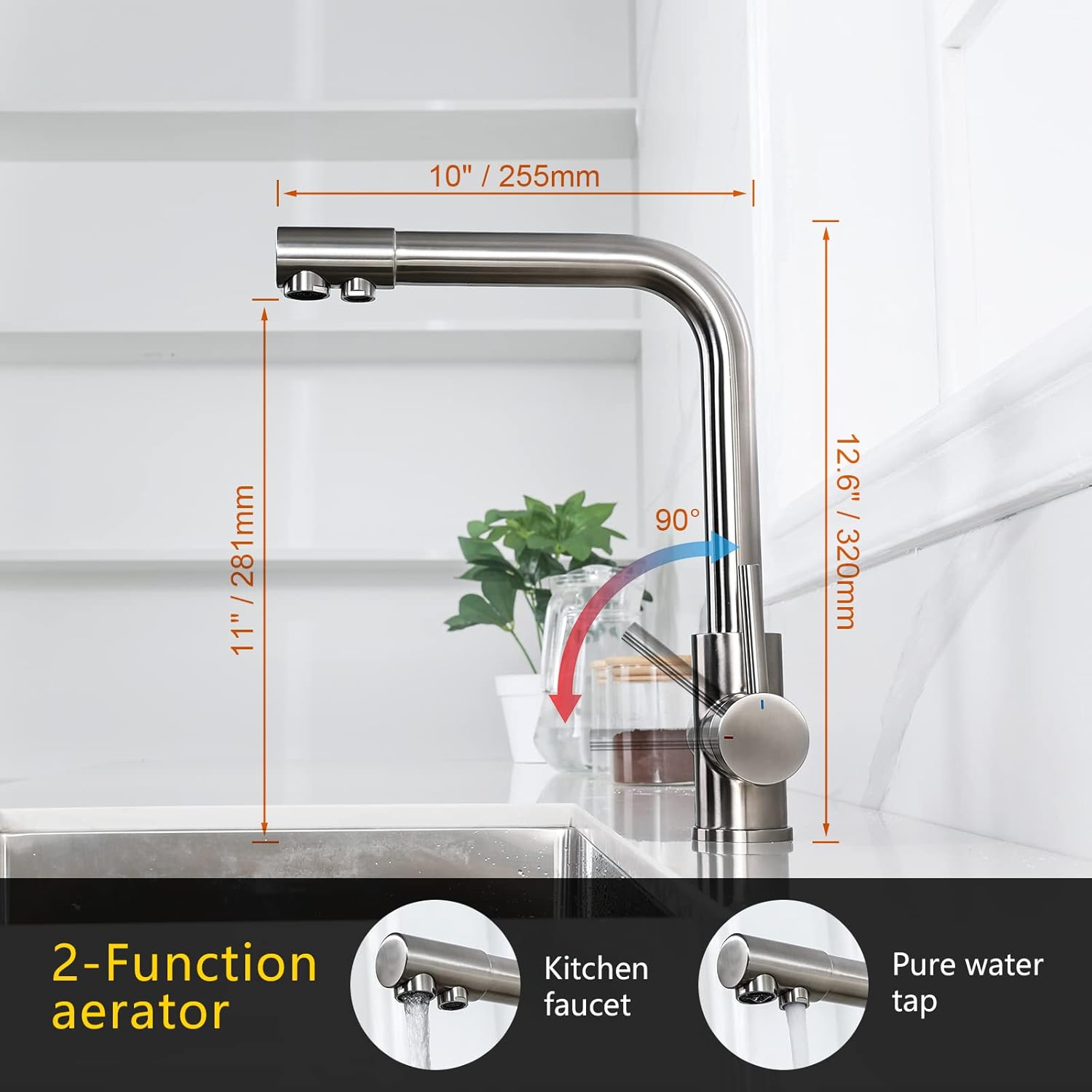 Robinet cuisine : Bec flexible pivotant 360° inox brossé, 2 modes de pulvérisation, Cold Start et kit installation inclus