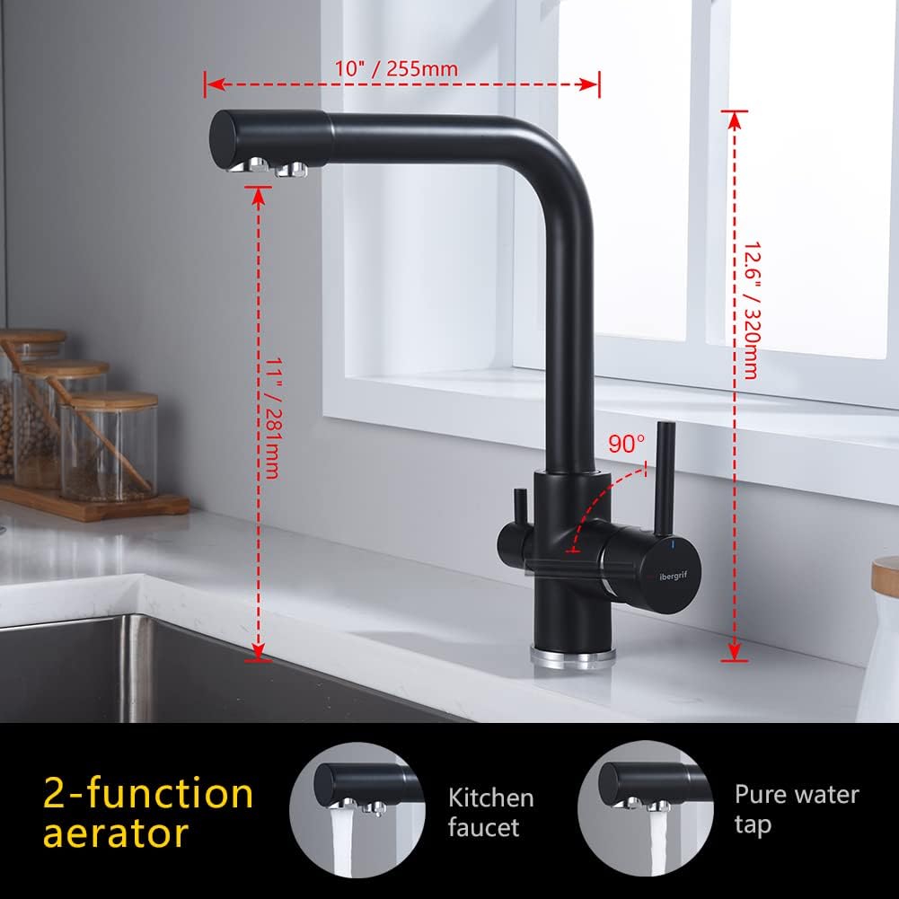 Robinet cuisine 3 voies : Double poignée pivotant 360° noir, compatible eau filtrée potable, cartouche céramique et kit installation inclus