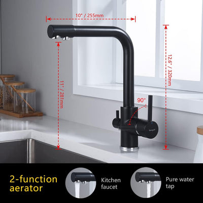 Robinet cuisine 3 voies : Double poignée pivotant 360° noir, compatible eau filtrée potable, cartouche céramique et kit installation inclus