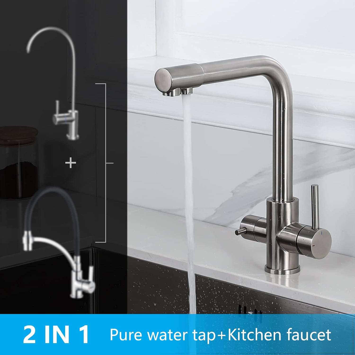 Robinet cuisine : Bec flexible pivotant 360° inox brossé, 2 modes de pulvérisation, Cold Start et kit installation inclus