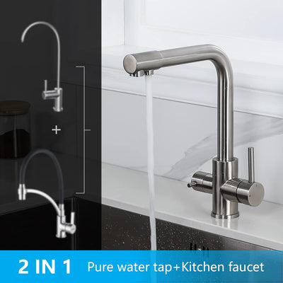 Robinet cuisine : Bec flexible pivotant 360° inox brossé, 2 modes de pulvérisation, Cold Start et kit installation inclus
