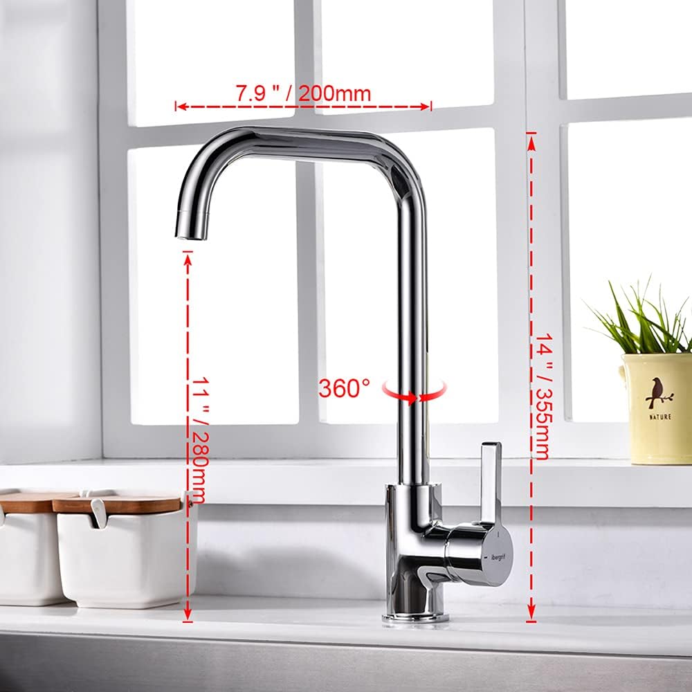 Mitigeur évier cuisine : Bec haut pivotant 360° chromé argent, monocommande, cartouche céramique et kit installation inclus
