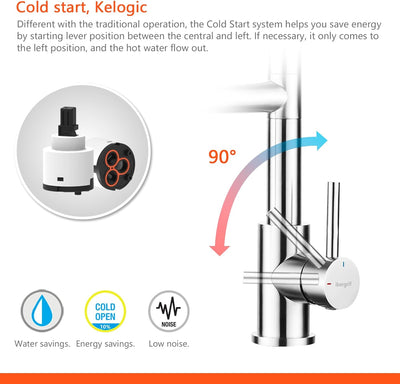 Robinet cuisine : Arc élevé ressort professionnel 360° avec douchette extractible 2 jets chromé argent, Cold Start et kit installation inclus