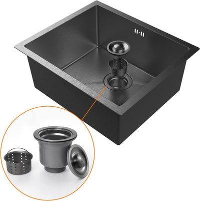 Évier cuisine : 1 bac 50x43 cm inox noir, profondeur 20 cm, encastrable ou sur plan et filtre de vidange inclus