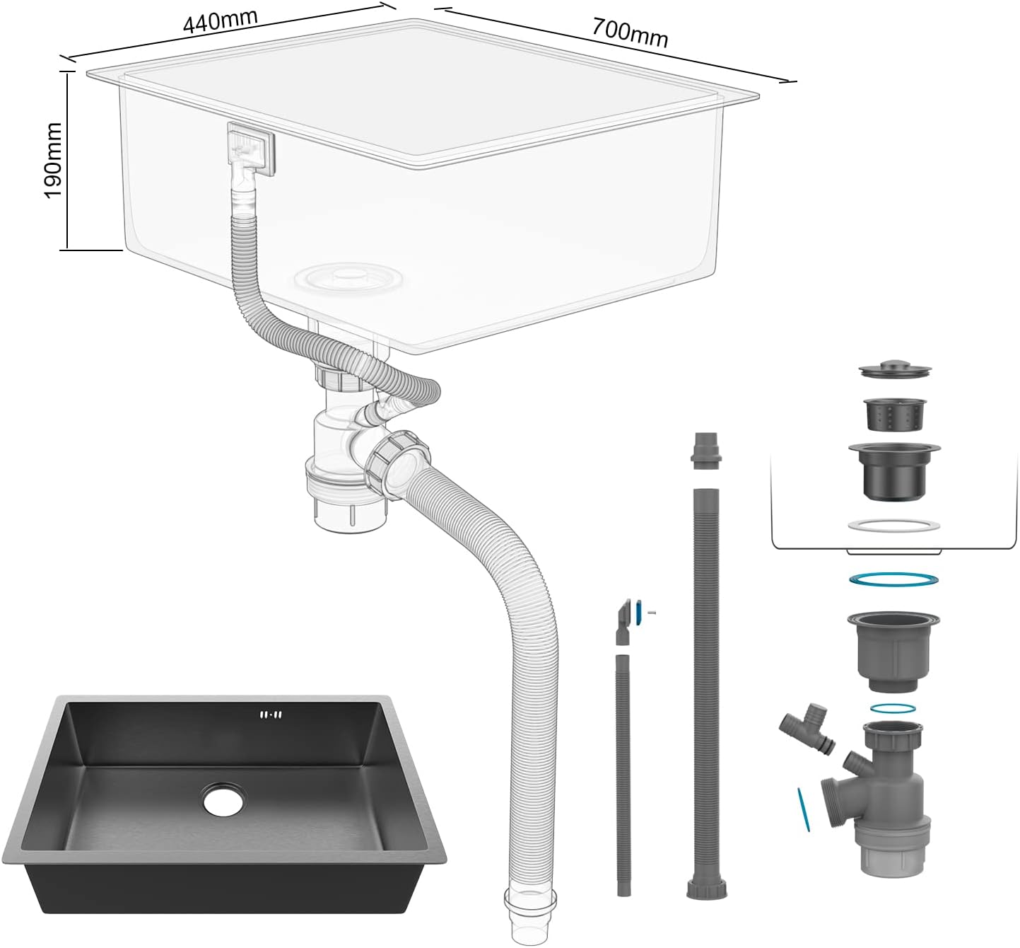 Évier cuisine : 1 bac 70x44 cm inox noir, profondeur 20 cm, encastrable ou sur plan et filtre de vidange inclus