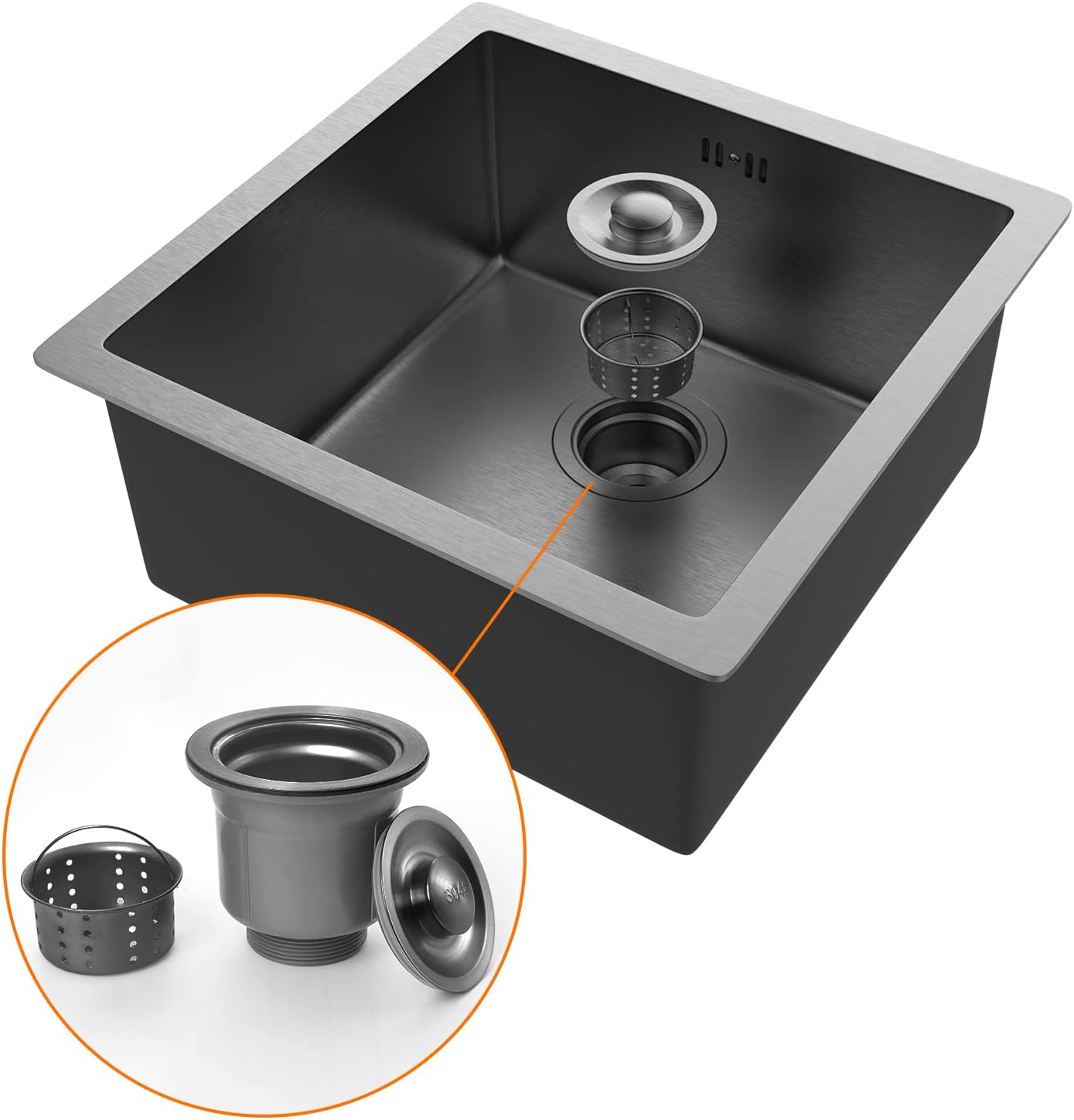 Évier cuisine : 1 bac carré 40x40 cm inox noir, profondeur 20 cm, encastrable ou sur plan et filtre de vidange inclus