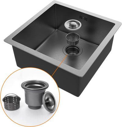 Évier cuisine : 1 bac carré 40x40 cm inox noir, profondeur 20 cm, encastrable ou sur plan et filtre de vidange inclus