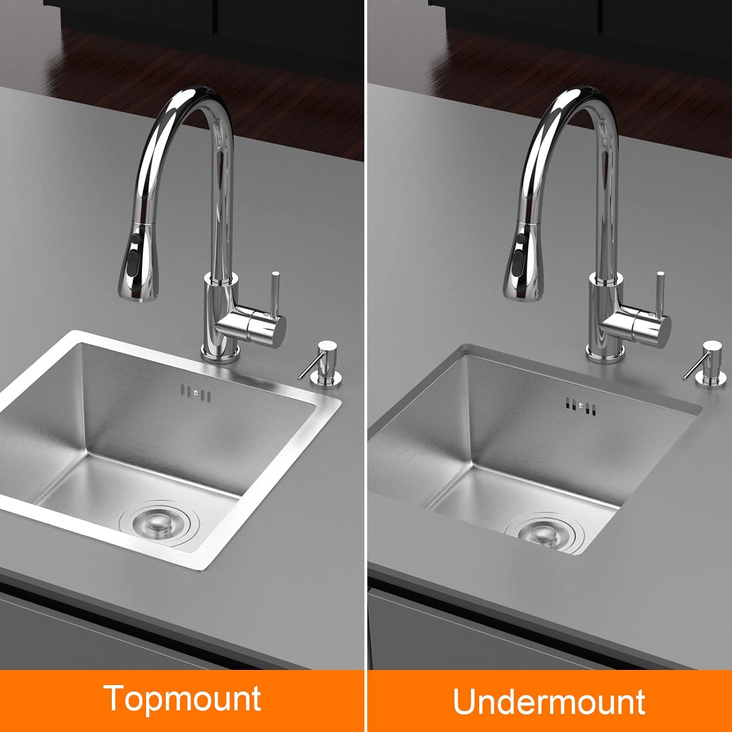 Évier cuisine : 1 bac carré 40x40 cm inox argent, profondeur 20 cm, encastrable ou sur plan et filtre de vidange inclus