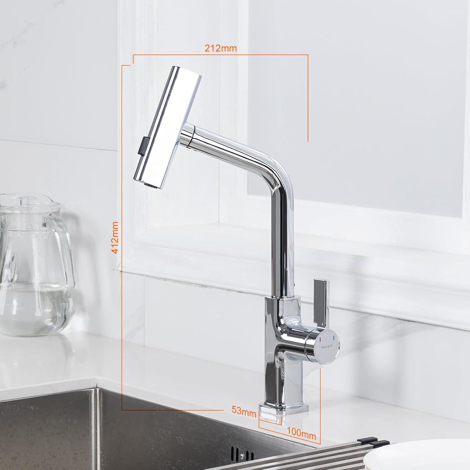 Robinet cuisine : Douchette extractible 40 cm pivotant 360° chromé, 3 modes de jet, corps laiton sans plomb et kit installation inclus