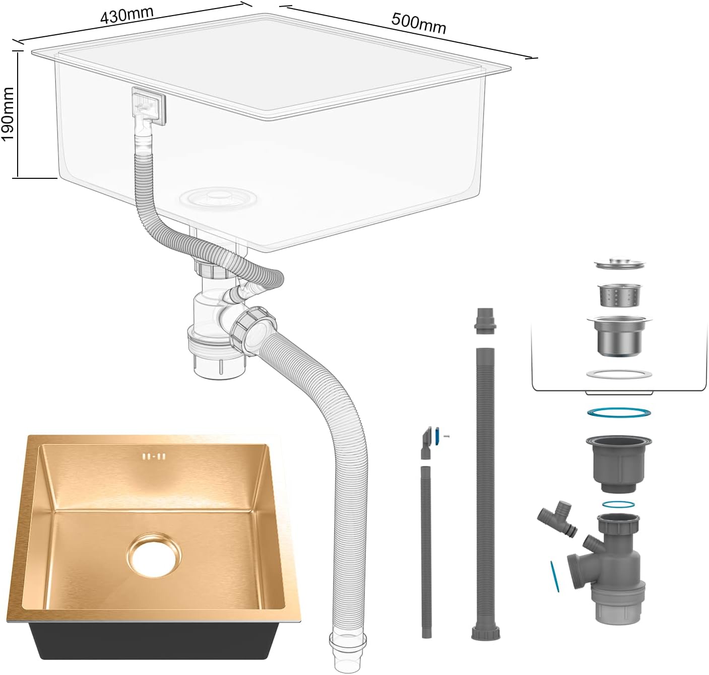 Évier cuisine : 1 bac 50x43 cm inox or, profondeur 20 cm, encastrable ou sur plan et filtre de vidange inclus