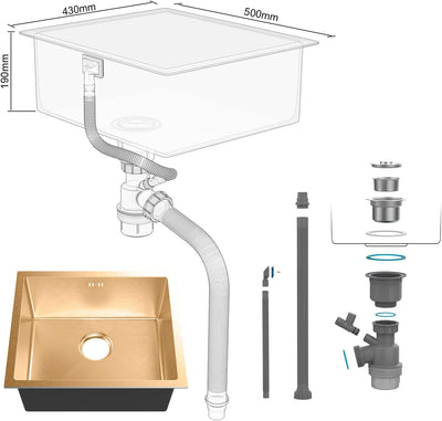 Évier cuisine : 1 bac 50x43 cm inox or, profondeur 20 cm, encastrable ou sur plan et filtre de vidange inclus