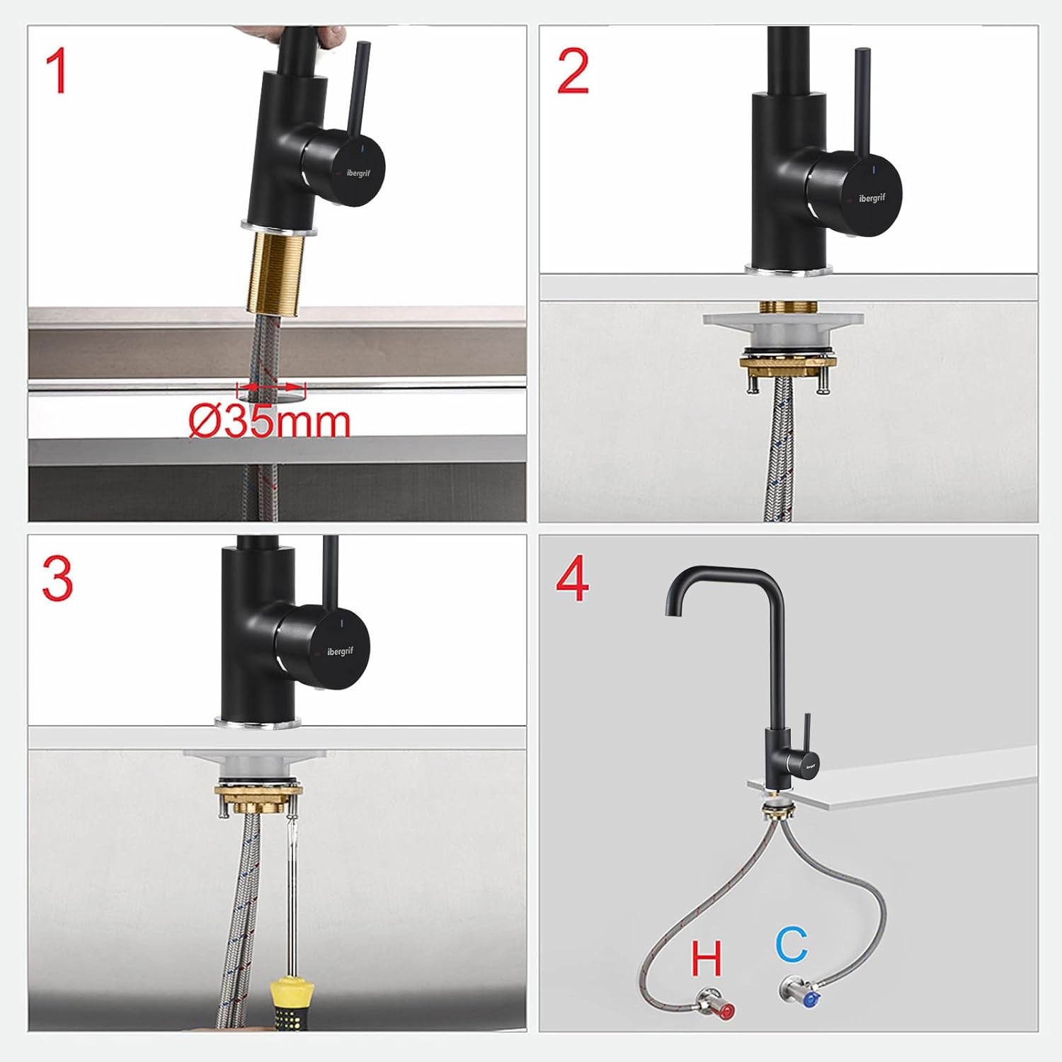 Mitigeur évier cuisine : Bec haut pivotant 360° noir mat, monocommande, cartouche céramique et kit installation inclus
