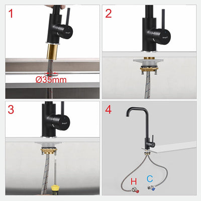 Mitigeur évier cuisine : Bec haut pivotant 360° noir mat, monocommande, cartouche céramique et kit installation inclus