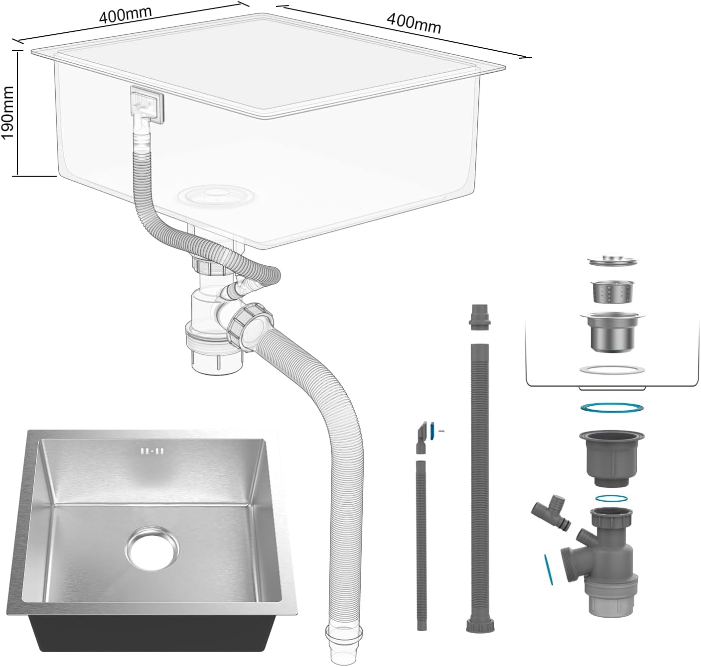 Évier cuisine : 1 bac carré 40x40 cm inox noir, profondeur 20 cm, encastrable ou sur plan et filtre de vidange inclus