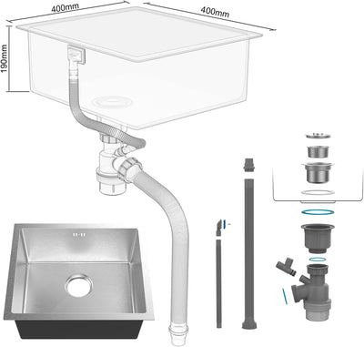 Évier cuisine : 1 bac carré 40x40 cm inox argent, profondeur 20 cm, encastrable ou sur plan et filtre de vidange inclus