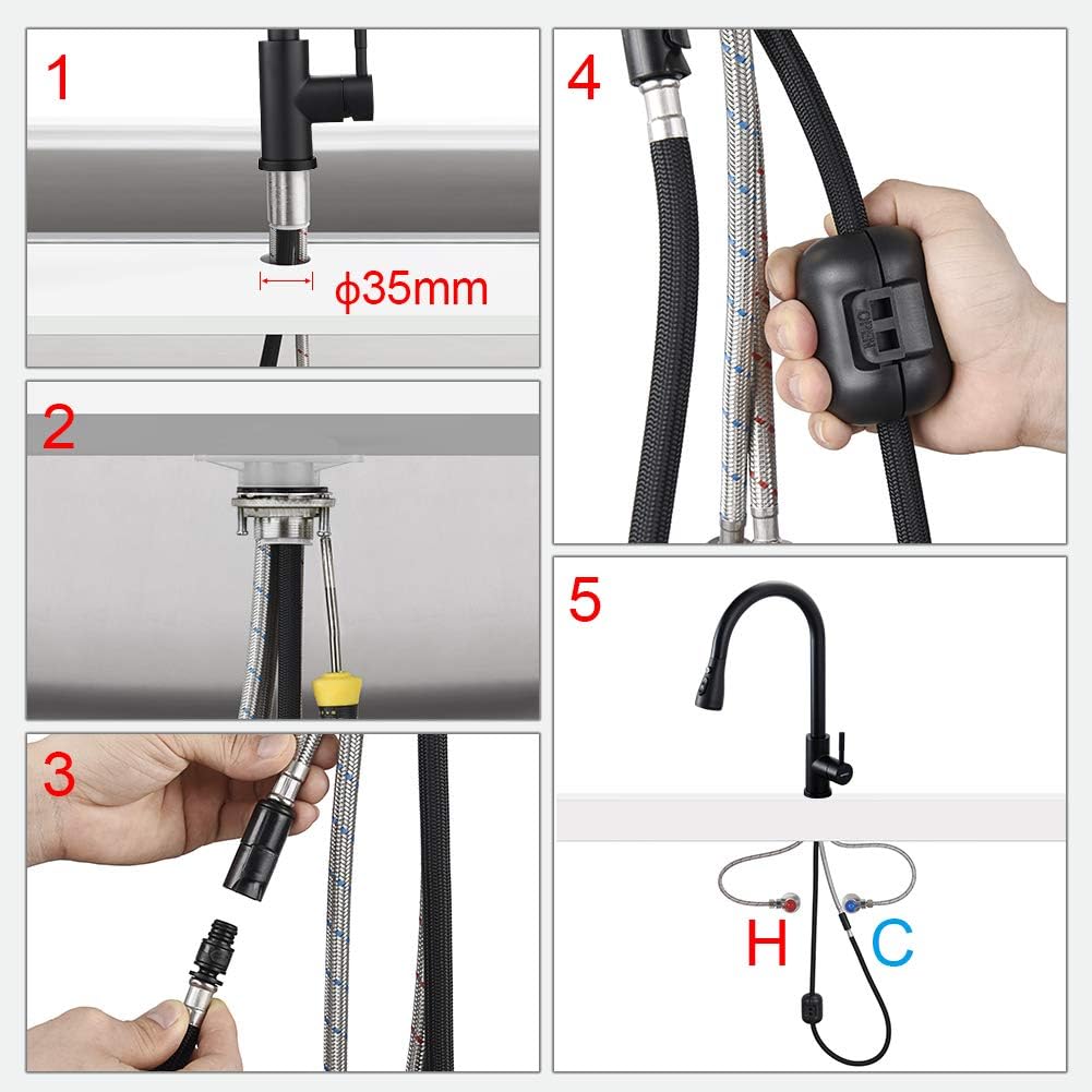 Robinet cuisine : Arc élevé 360° avec douchette extractible 3 modes noir, technologie Cold Start et kit installation inclus