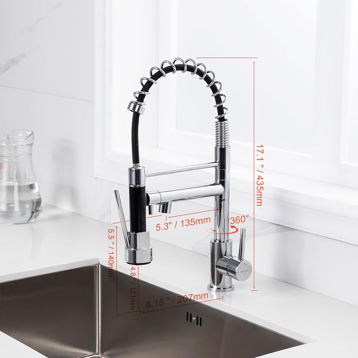 Robinet cuisine : Arc élevé ressort professionnel 360° avec douchette extractible 2 jets chromé argent, Cold Start et kit installation inclus