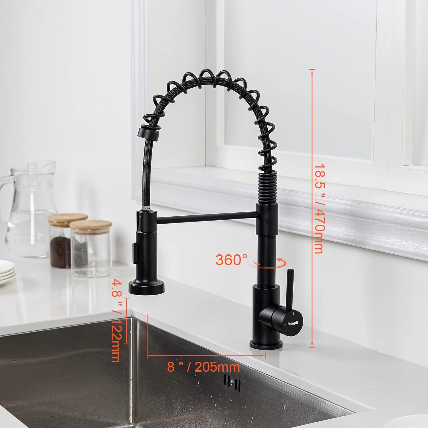 Robinet cuisine : Arc élevé ressort 360° avec douchette extensible 2 modes noir, Cold Start et kit installation inclus