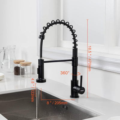 Robinet cuisine : Arc élevé ressort 360° avec douchette extensible 2 modes noir, Cold Start et kit installation inclus
