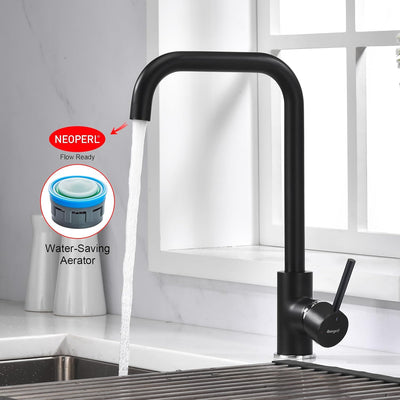 Mitigeur évier cuisine : Bec haut pivotant 360° noir mat, monocommande, cartouche céramique et kit installation inclus