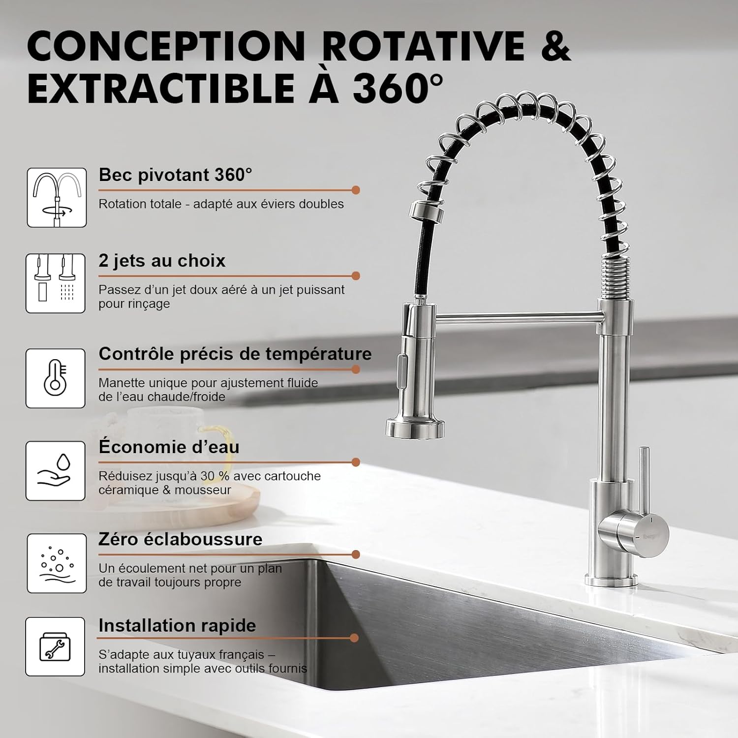 Robinet cuisine : Arc élevé ressort 360° avec douchette extensible 2 modes inox brossé, Cold Start et kit installation inclus