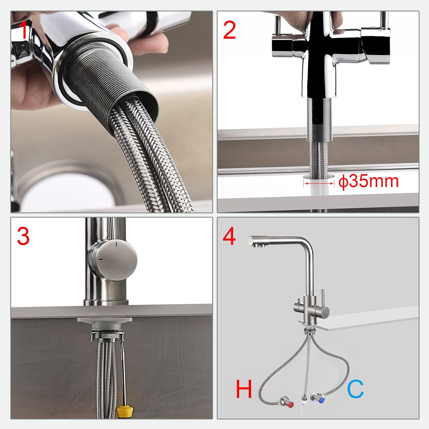 Robinet cuisine : Bec flexible pivotant 360° inox brossé, 2 modes de pulvérisation, Cold Start et kit installation inclus