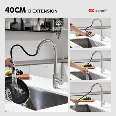 Robinet cuisine : Arc élevé 360° avec douchette extensible 3 modes inox, technologie Cold Start et kit installation inclus