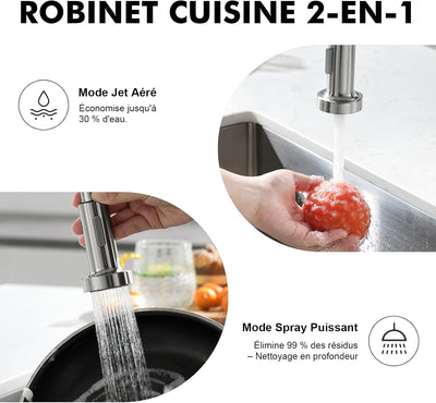 Robinet cuisine : Arc élevé ressort 360° avec douchette extensible 2 modes inox brossé, Cold Start et kit installation inclus