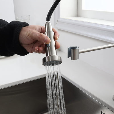 Robinet cuisine : Arc élevé ressort 360° avec douchette extensible 2 modes inox brossé, Cold Start et kit installation inclus