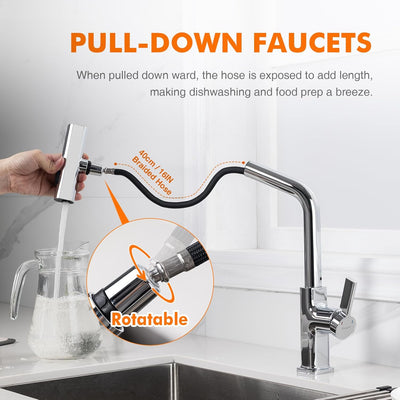 Robinet cuisine : Douchette extractible 40 cm pivotant 360° chromé, 3 modes de jet, corps laiton sans plomb et kit installation inclus