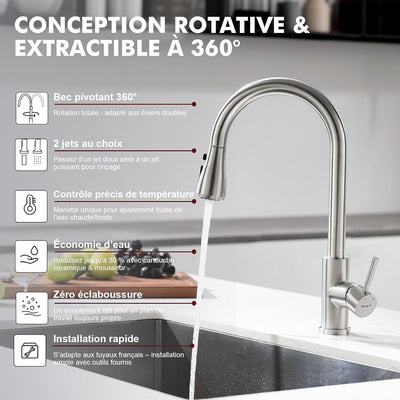 Robinet cuisine : Arc élevé 360° avec douchette extensible 3 modes inox, technologie Cold Start et kit installation inclus