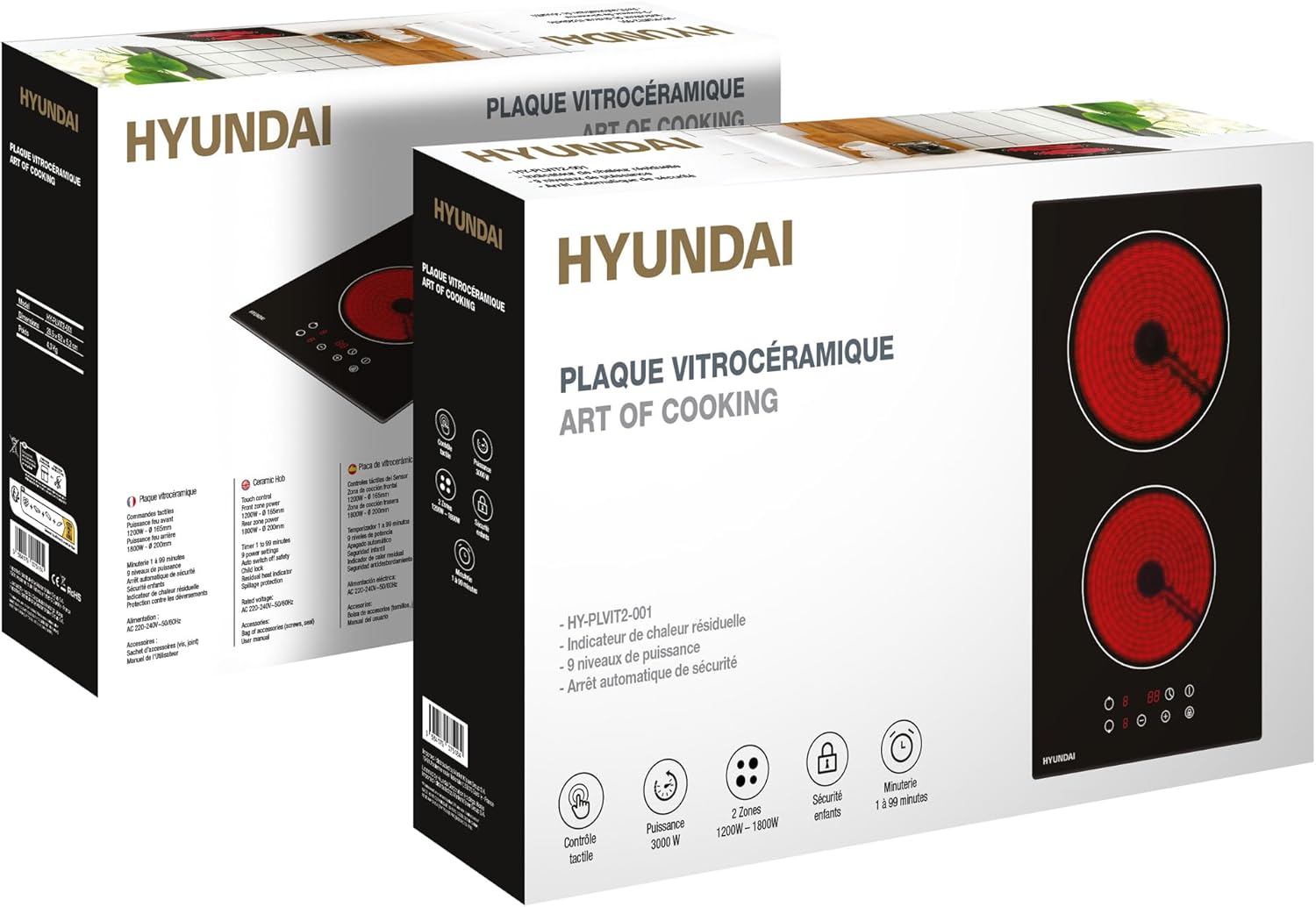 Plaque vitrocéramique domino HYUNDAI HY-PLVIT2-001 : 2 foyers encastrable 3000 W noir, touches sensitives, minuteur et verrouillage enfant
