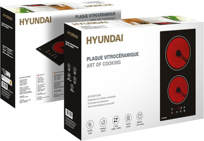 Plaque vitrocéramique domino HYUNDAI HY-PLVIT2-001 : 2 foyers encastrable 3000 W noir, touches sensitives, minuteur et verrouillage enfant
