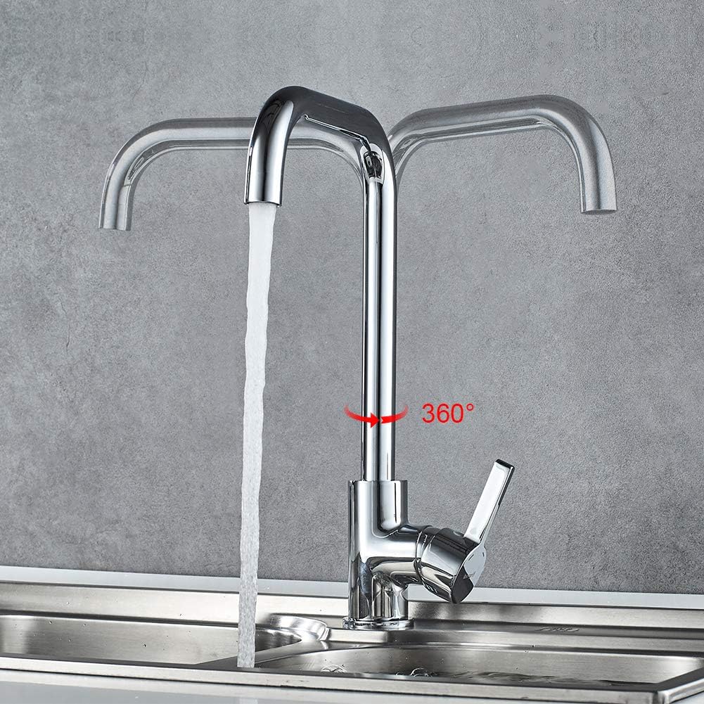 Mitigeur évier cuisine : Bec haut pivotant 360° chromé argent, monocommande, cartouche céramique et kit installation inclus