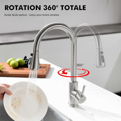 Robinet cuisine : Arc élevé 360° avec douchette extensible 3 modes inox, technologie Cold Start et kit installation inclus