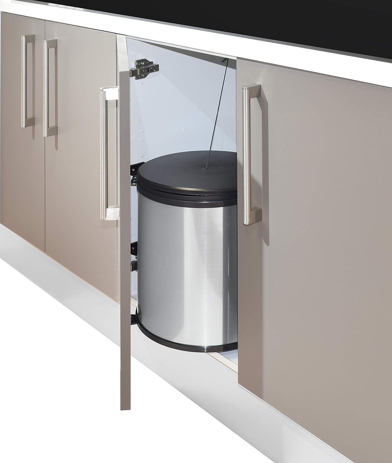 Poubelle sur porte 15 L : Montage porte pivotante, 1 seau 15 L, inox et noir, ouverture automatique