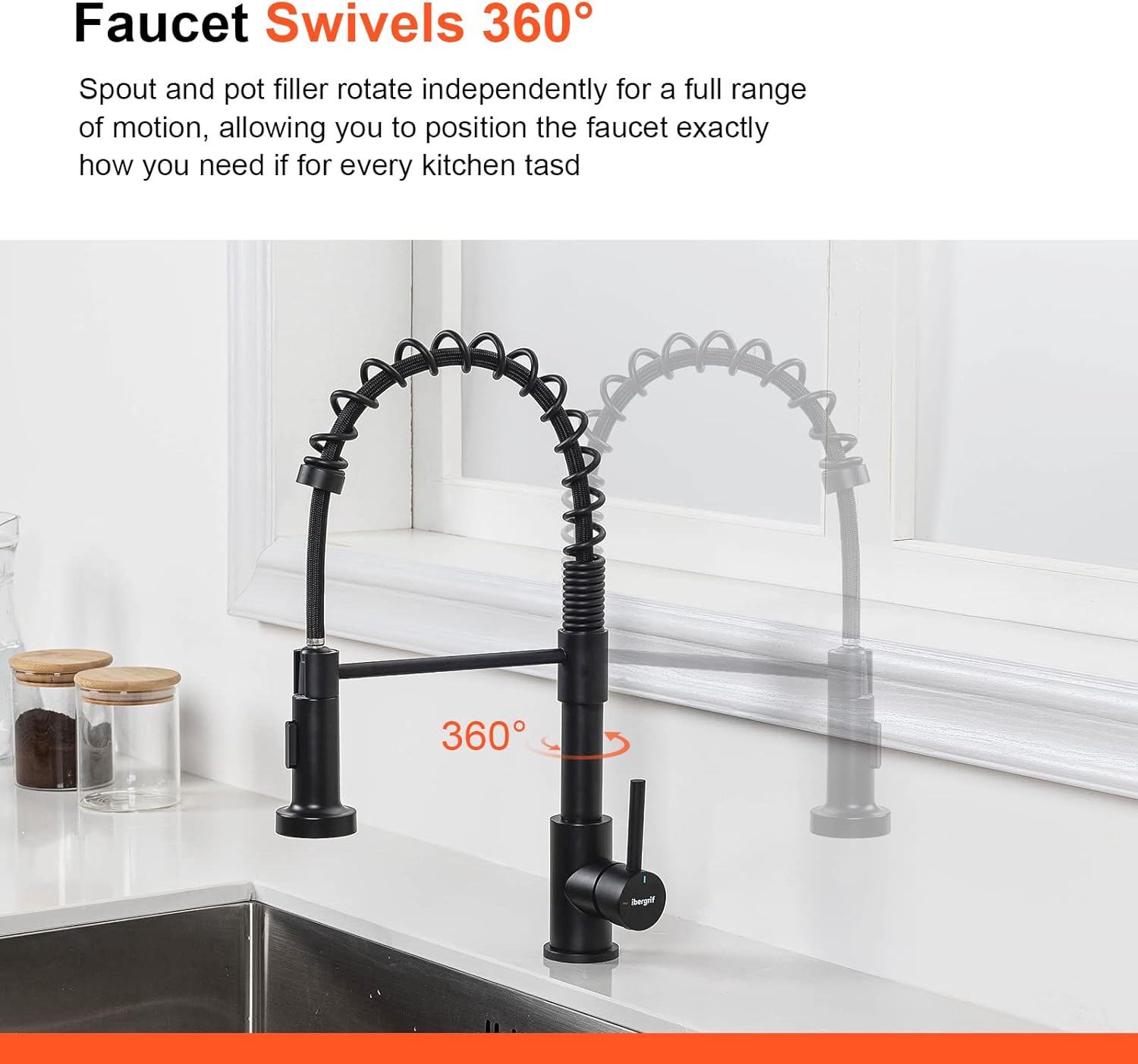 Robinet cuisine : Arc élevé ressort 360° avec douchette extensible 2 modes noir, Cold Start et kit installation inclus