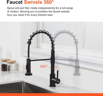 Robinet cuisine : Arc élevé ressort 360° avec douchette extensible 2 modes noir, Cold Start et kit installation inclus
