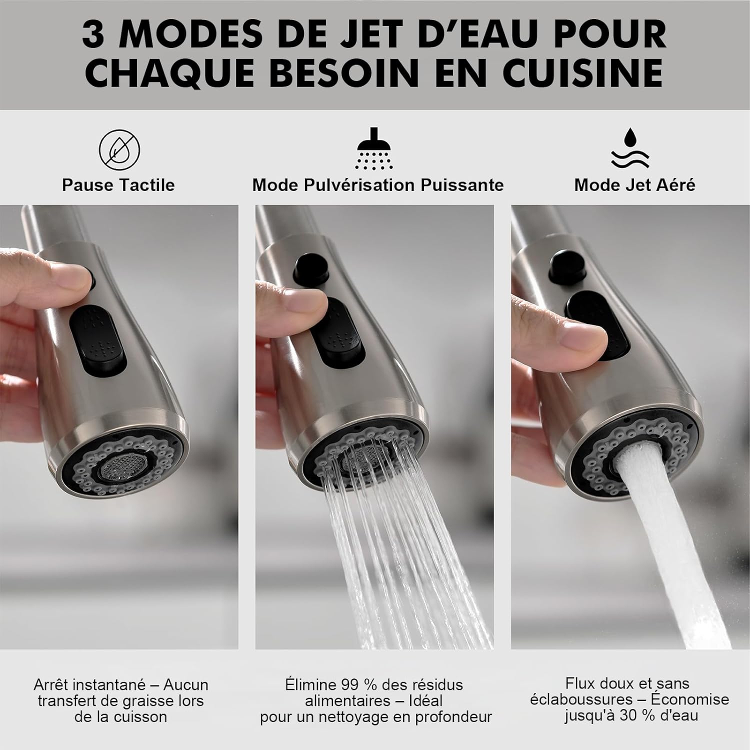 Robinet cuisine : Arc élevé 360° avec douchette extensible 3 modes inox, technologie Cold Start et kit installation inclus
