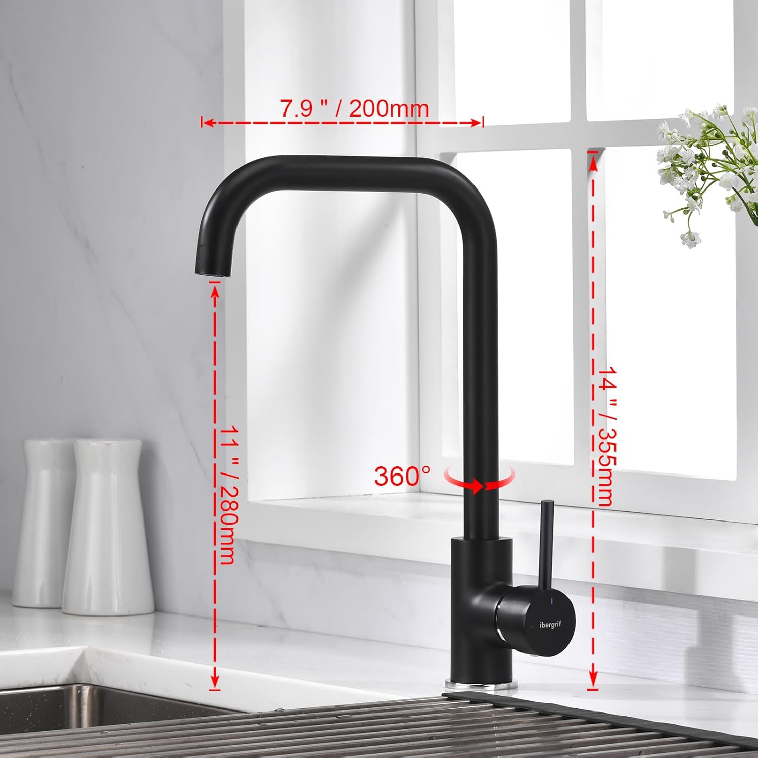 Mitigeur évier cuisine : Bec haut pivotant 360° noir mat, monocommande, cartouche céramique et kit installation inclus