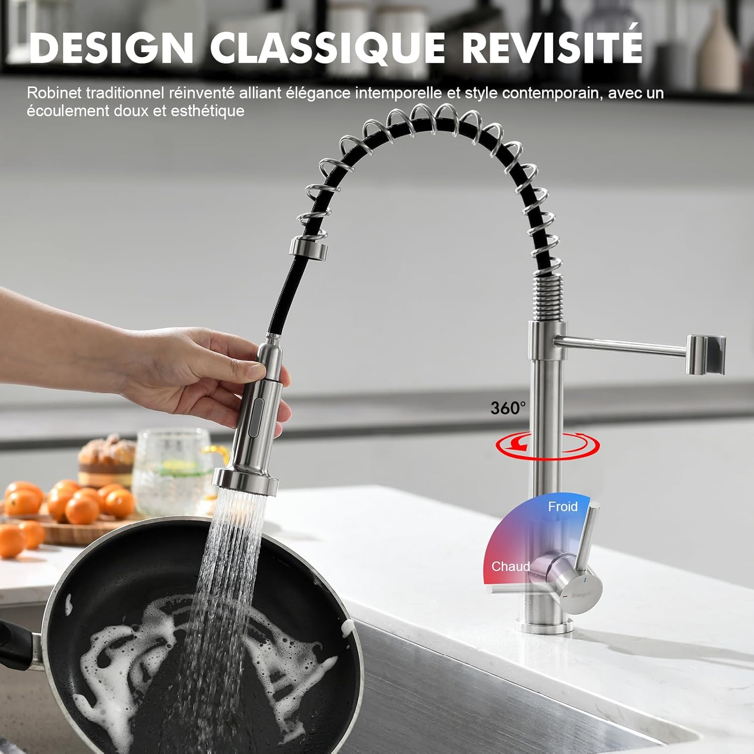 Robinet cuisine : Arc élevé ressort 360° avec douchette extensible 2 modes inox brossé, Cold Start et kit installation inclus