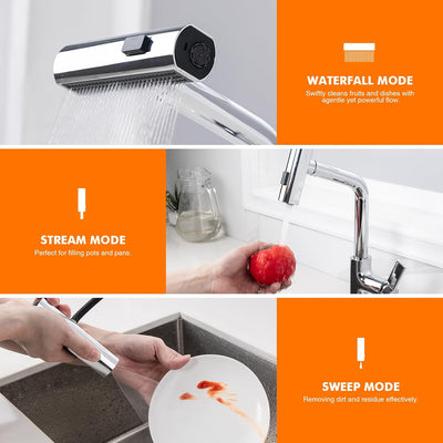 Robinet cuisine : Douchette extractible 40 cm pivotant 360° chromé, 3 modes de jet, corps laiton sans plomb et kit installation inclus