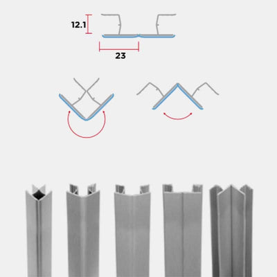 Multi-angle flexible pour plinthe PVC cuisine : Raccord variable tous angles PVC aluminium blanc mat