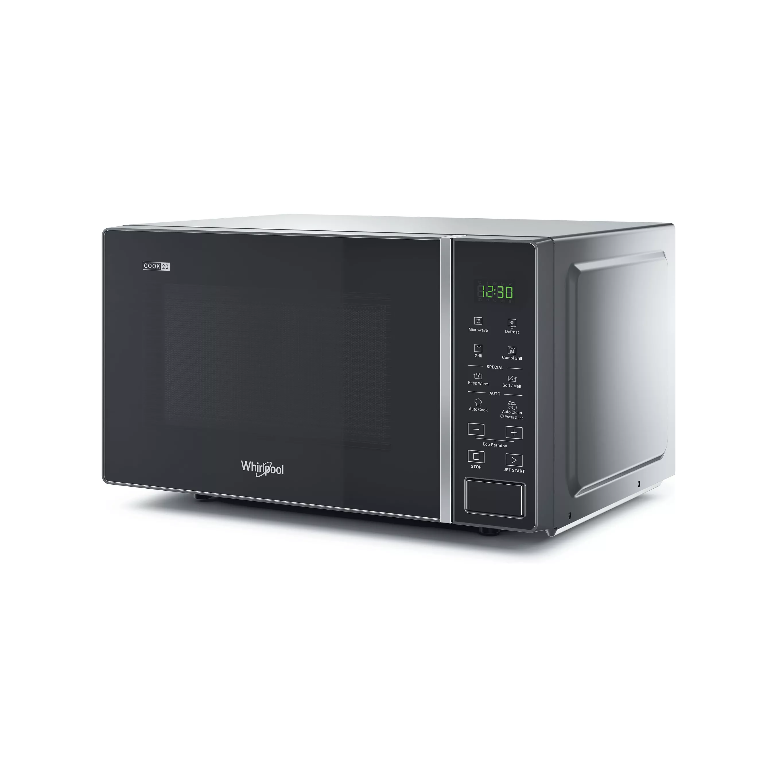 Micro-ondes gril WHIRLPOOL MWP203SB : Posable silver et noir, gril quartz 20 L et 12 recettes Auto Cook